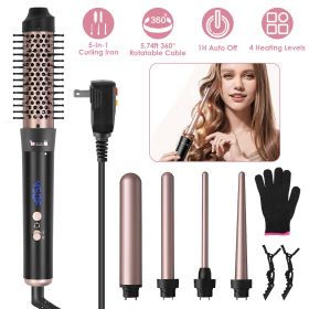 2 Type Options--1Pc 5 In 1 Curling Wand Hair Curling Iron Brush Anti-Tangle Hair Thermal Brush Curler With 4 Heating Levels 360 Degree Rotatable (Option: WithLeakageProtect)